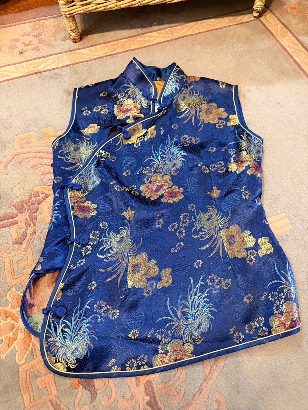 Blue Floral Satin Mandarin Collar Top
